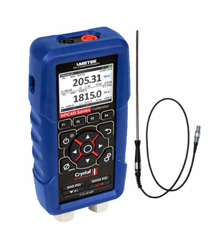 Ametek Crystal HPC40 [HPC42-30PSI-300PSI-T2] Dual Sensor Pressure Calibrator w/Pt100 Temperature Probe, ISO17025 Accredited, -40 to 302°F (-40 to 150°C), 1/4 NPT Male, 0 to 30 Psi and 0 to 300 Psi