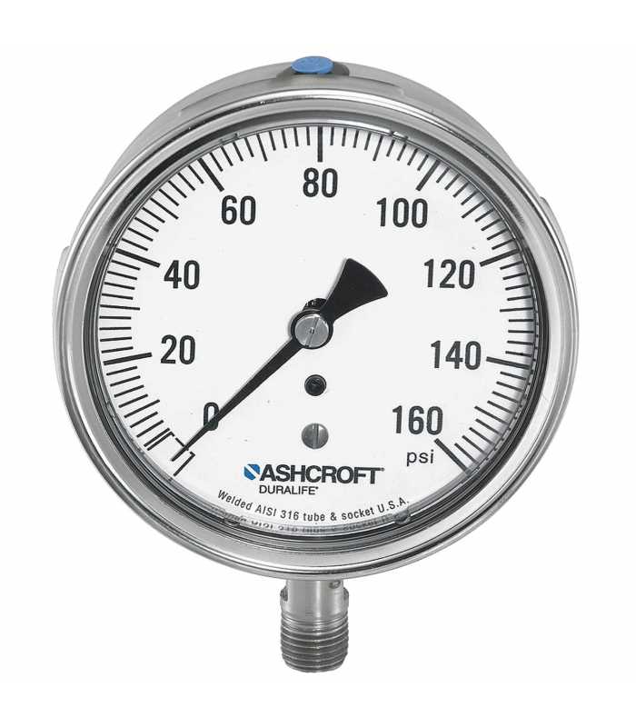 Ashcroft 1009 [251009AW04L300#] Analog Pressure Gauge, 2.5in Dial Size w/Stainless Steel Tube & Aluminum Bronze Socket, 1/2 in NPT, Lower Connection, Dry Fill and 0 to 300 psi