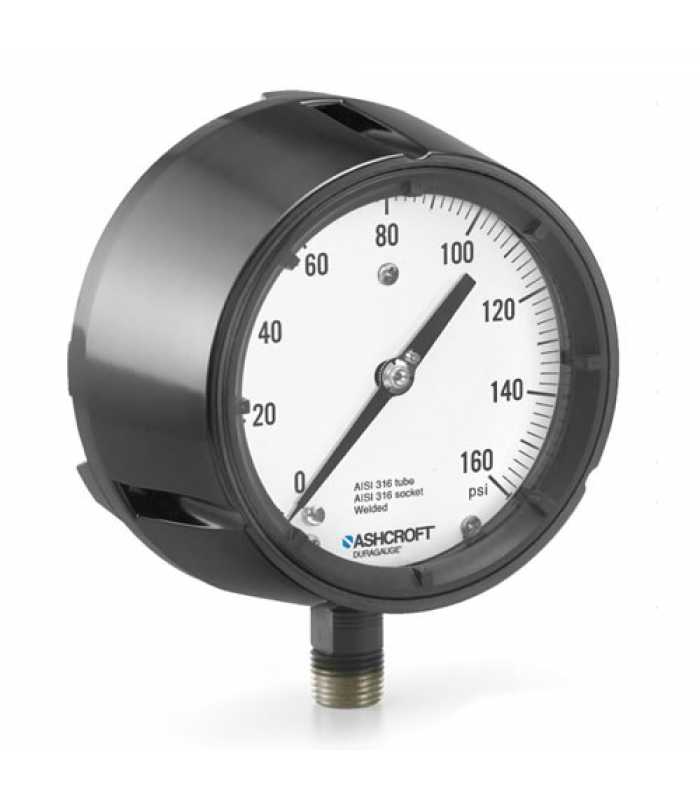 Ashcroft 1279 [451279RS04L15#] Duragauge Pressure Gauge w/316 Stainless Tube / 1018 Steel Socket , 4.5in Dial Size, ±0.5% Accuracy, 1/2in NPT, Lower Connction, 0 to 15 psi 