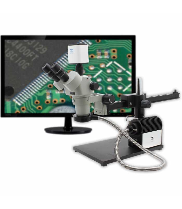 Aven Tools SPZV-50 [26800B-373-10-PRO] Stereo Zoom Trinocular Microscope with Mighty Cam Pro Camera, Ultra-Glide Boom Stand and LED FOI, 6.7x to 50x