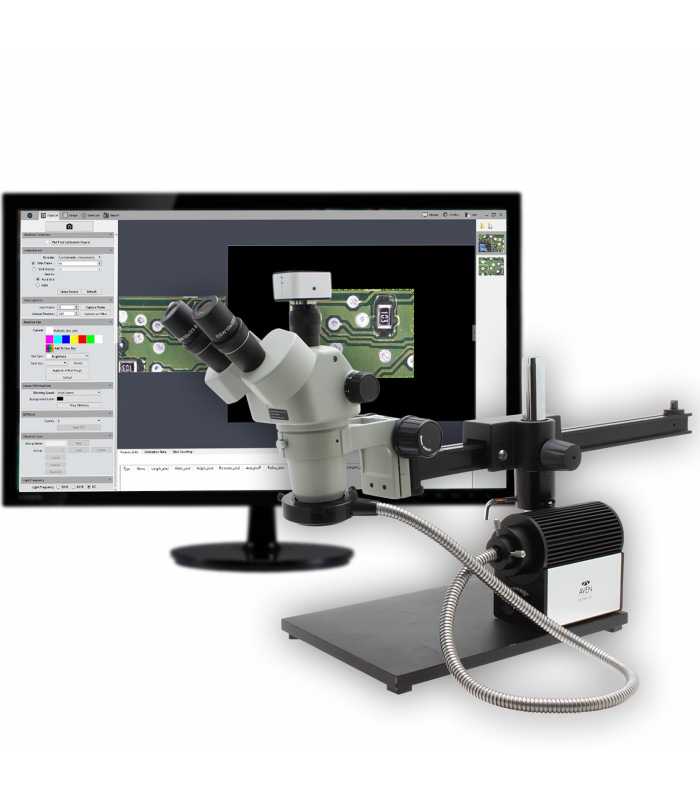 Aven Tools SPZV-50 [26800B-373-9] Stereo Zoom Trinocular Microscope with USB 6M Camera, Ultra-Glide Boom Stand and LED Fiber Optic Illuminator, 6.7x to 50x Magnification