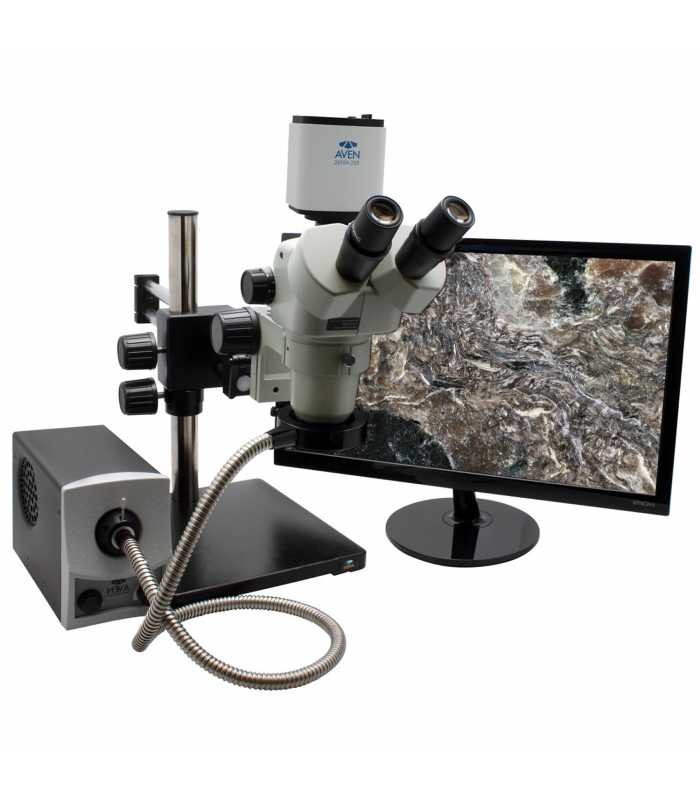 Aven Tools SPZV-50 [26800B-382-PRO] Stereo Zoom Trinocular Microscope with Mighty Cam Pro Camera, Double Arm Boom Stand and LED FOI, 6.7x to 50x