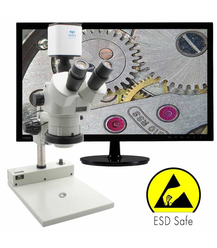 Aven Tools SPZV-50E [SPZV-50E-258-514-ESD] Stereo Zoom Trinocular Microscope with Mighty Cam Pro Camera and PLED Stand, ESD Safe, 6.7x to 50x
