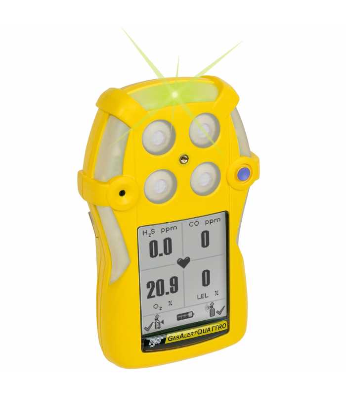BW Technologies GasAlertQuattro [QT-X0H0-R-Y-NA] 2-Gas Detector With Rechargeable Battery, Oxygen, Hydrogen Sulfide (O2, H2S) - Yellow