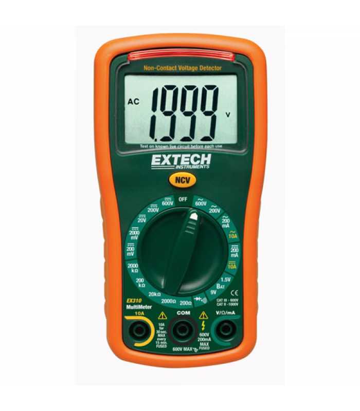 Extech EX310 Manual Ranging MultiMeter and Voltage Detector, 600V/10A