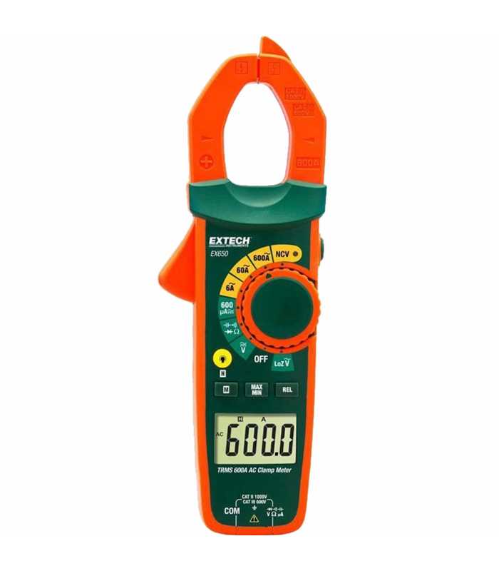 Extech EX650 [EX650-NIST] True-RMS AC Clamp Meter, 750VAC/1000VDC 600A & Non-Contact Voltage Detector w/NIST