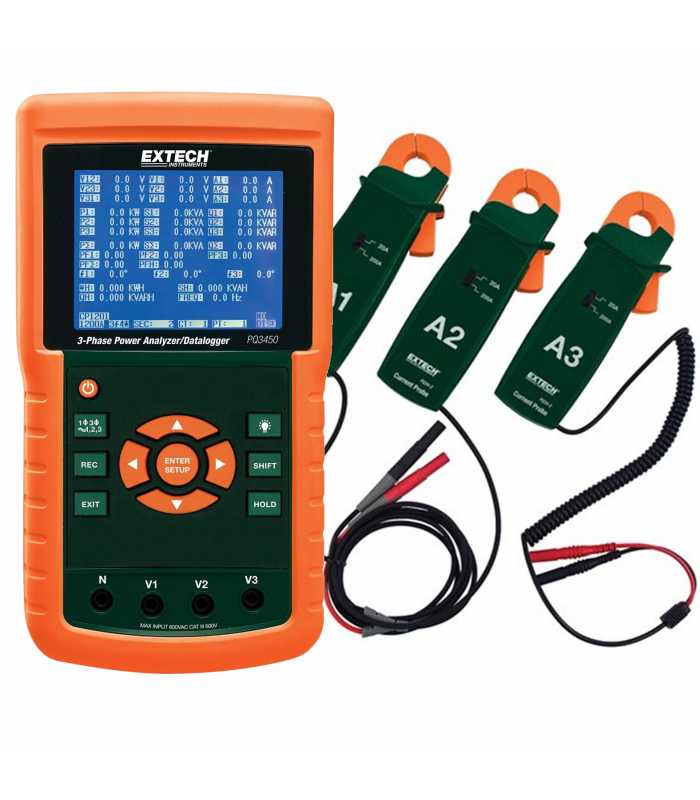 Extech PQ3450 [PQ3450-2-NIST] 3-Phase Power Analyzer / Datalogger Kit with PQ34-2, 200A Current Clamp Probes & NIST Calibration