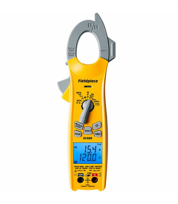 Fieldpiece SC-480 [SC480] 100A/600A AC, 750VAC/1000VDC True-RMS Wireless AC Clamp Meter w/ Power (kW), Phase Rotation