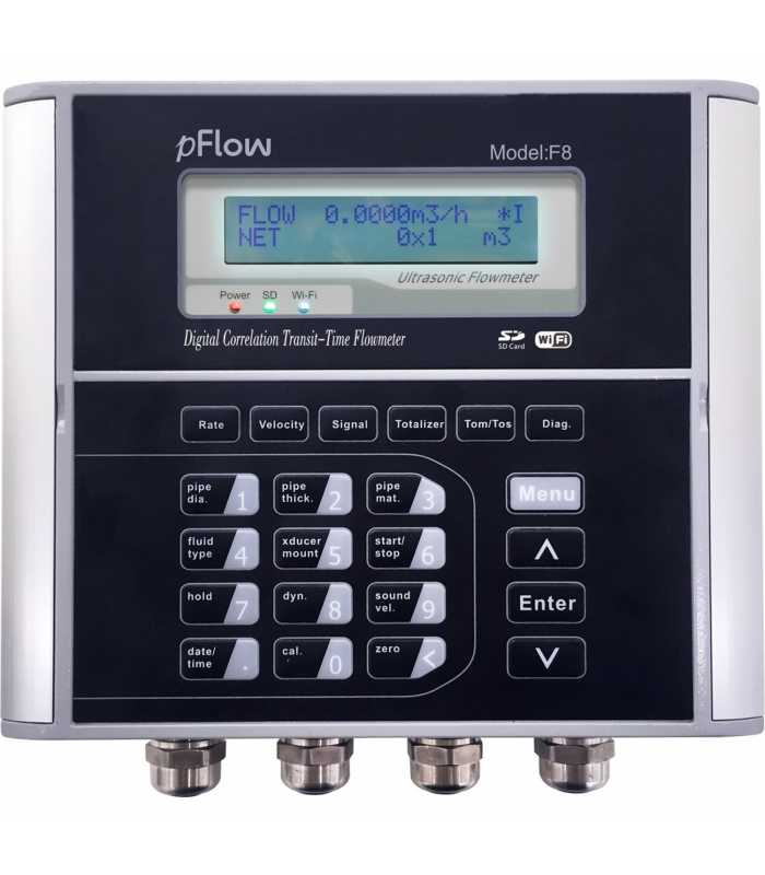 Gentos pFlow F8 [F8-1-1-CH020-030] Transit Time Ultrasonic Flowmeter With High Temperature Clamp On Transducer 32℉ ~ +302℉(0℃ ~ +150℃), Range 1" to 200" (25mm to 5000mm), IP65 Enclosure and 30ft (9m) Cable