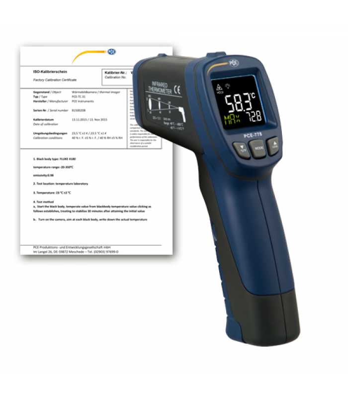 PCE Instruments PCE-778 [PCE-778-ICA] Infrared Thermometer -40 to 1472°F (-40 to 800°C) w/ ISO Calibration Certificate