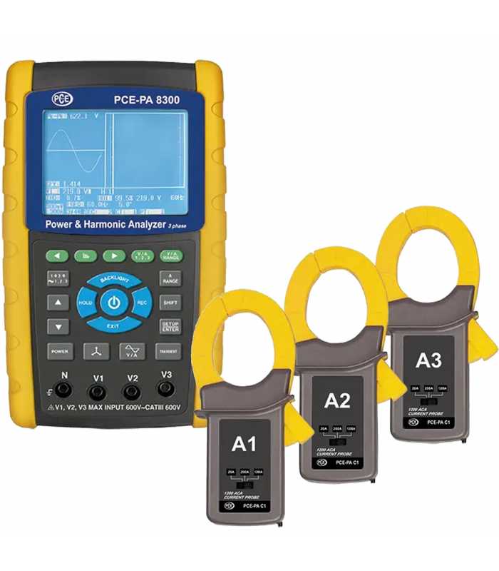 PCE Instruments PCE-PA 8300 [PCE-PA 8300-1] Three-Phase Power Analyzer w/ 3x Current Clamps, 1,200 A (PCE-PA C1)
