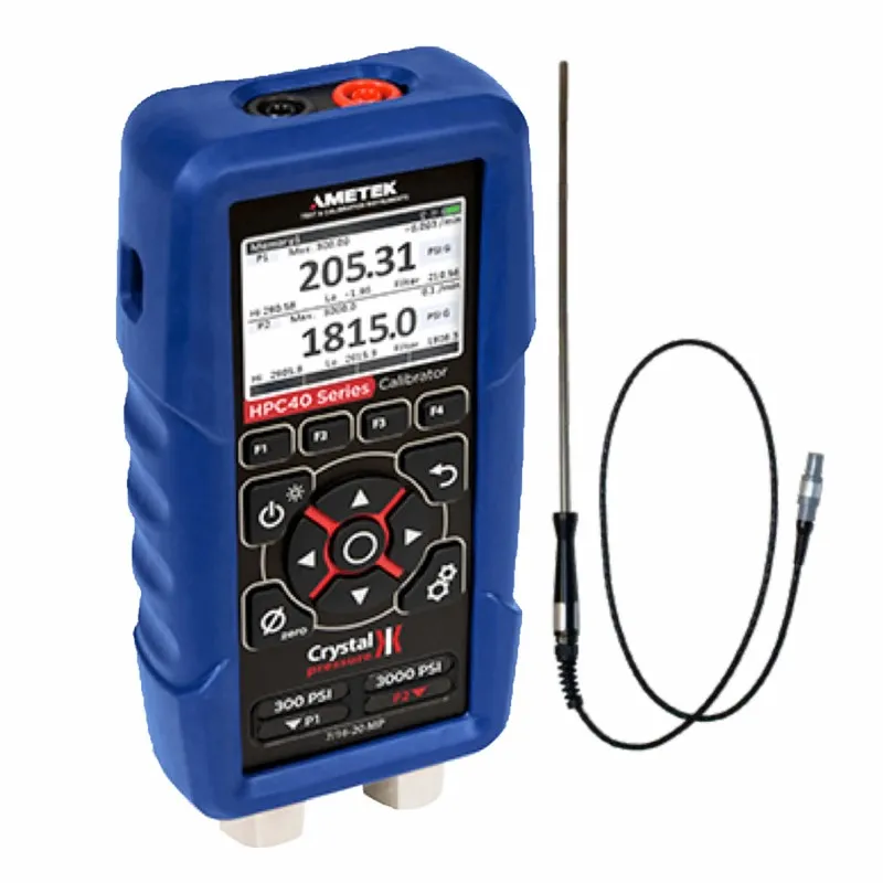 Ametek Crystal HPC40 [HPC42-30PSI-1KPSI-T2] Dual Sensor Pressure Calibrator w/Pt100 Temperature Probe, ISO17025 Accredited, -40 to 302°F (-40 to 150°C), 1/4 NPT Male, 0 to 30 Psi and 0 to 1000 Psi