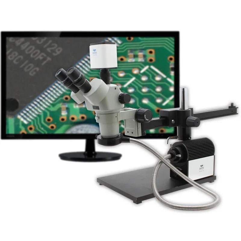 Aven Tools SPZHT-135 [26800B-373-13-PRO] Stereo Zoom Trinocular Microscope with Mighty Cam Pro Camera, Ultra-Glide Boom Stand & LED FOI, 21x to 135x