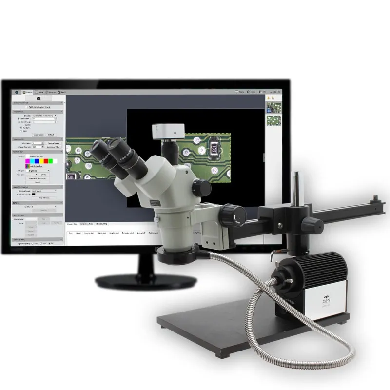 Aven Tools SPZV-50 [26800B-373-9] Stereo Zoom Trinocular Microscope with USB 6M Camera, Ultra-Glide Boom Stand and LED Fiber Optic Illuminator, 6.7x to 50x Magnification