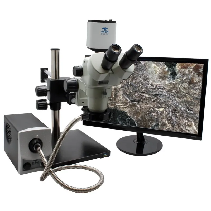 Aven Tools SPZV-50 [26800B-382-PRO] Stereo Zoom Trinocular Microscope with Mighty Cam Pro Camera, Double Arm Boom Stand and LED FOI, 6.7x to 50x