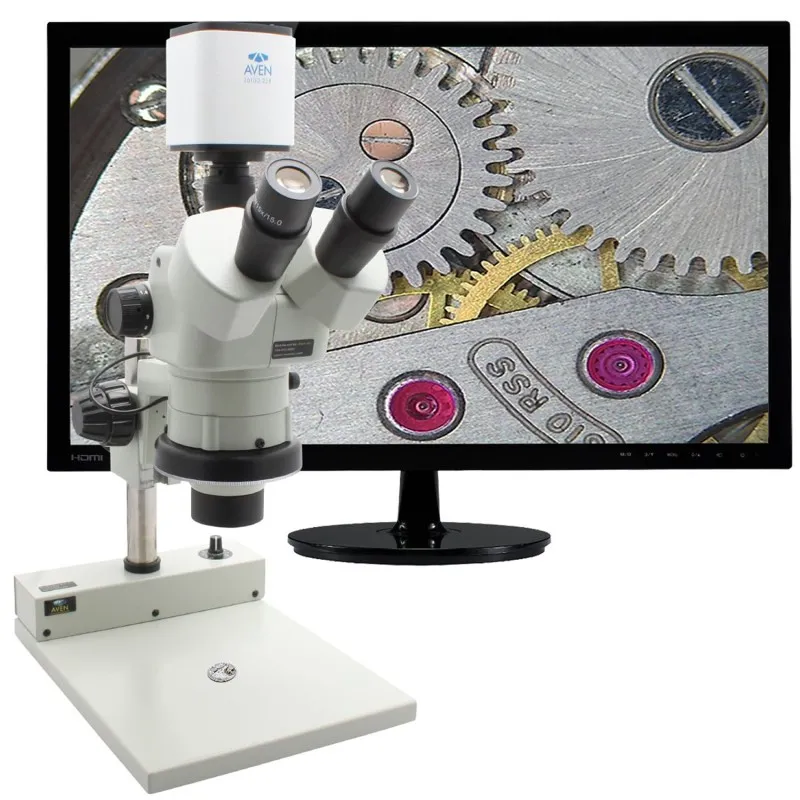 Aven Tools SPZHT-135 [SPZHT-135-258-512]  Stereo Zoom Trinocular Microscope with Mighty Cam Pro Camera and PLED Stand, 21x to 135x Magnification