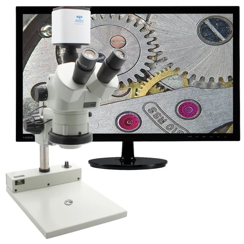 Aven Tools SPZV-50 [SPZV-50-258-512] Stereo Zoom Trinocular Microscope with Mighty Cam Pro and PLED Stand, 6.7x to 50x Magnification