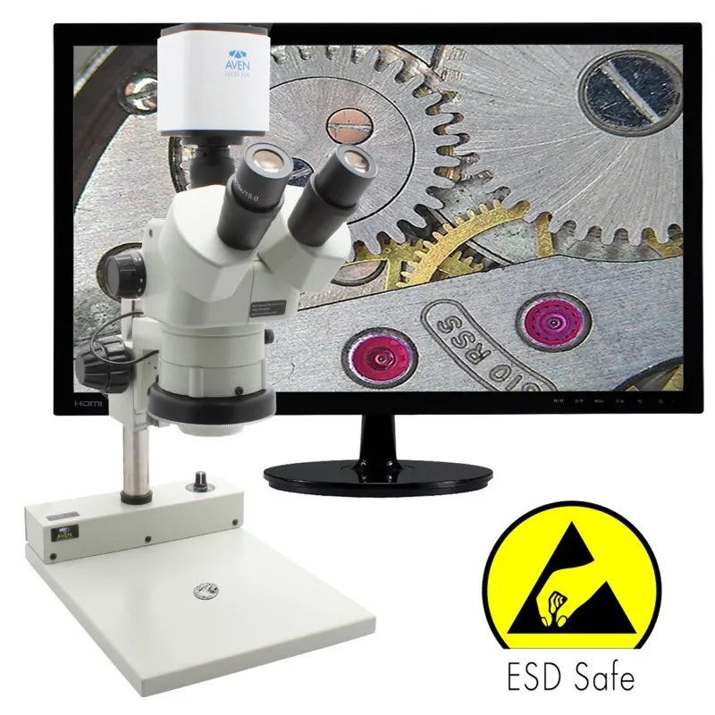 Aven Tools SPZV-50E [SPZV-50E-258-514-ESD] Stereo Zoom Trinocular Microscope with Mighty Cam Pro Camera and PLED Stand, ESD Safe, 6.7x to 50x