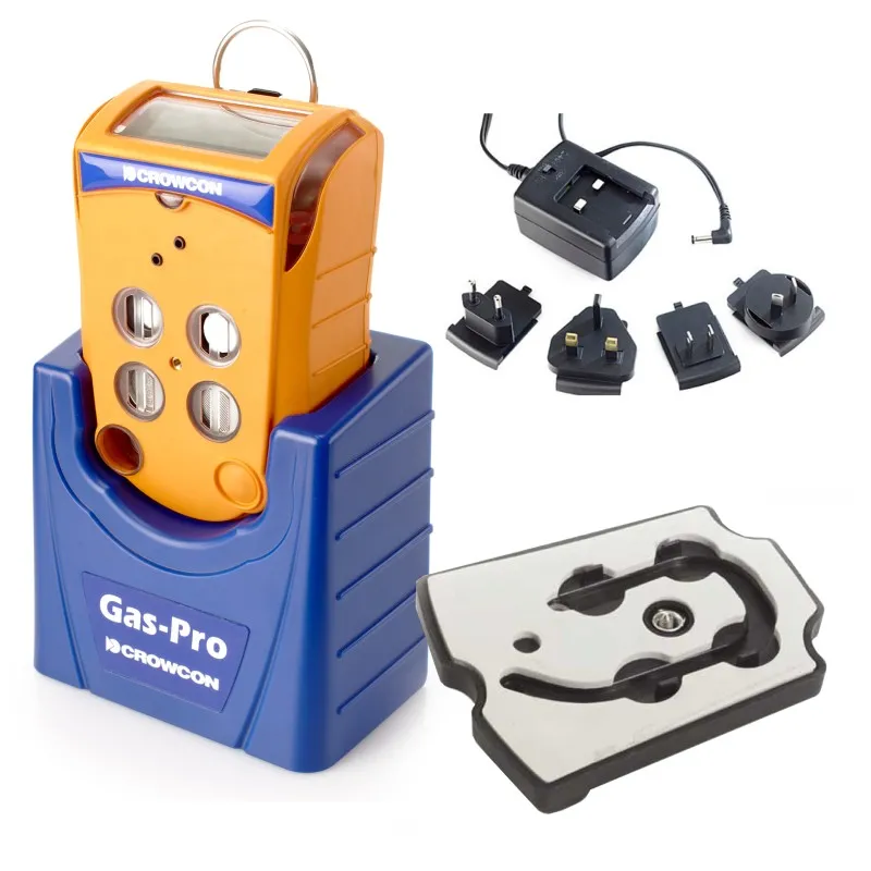 Crowcon Gas-Pro [GPB-0014-EA-C] 4-Gas Confined Space Entry Monitor, CO, H2S, O2, CH4 with Multi Region Cradle Charger, Non-pumped with Flow Plate