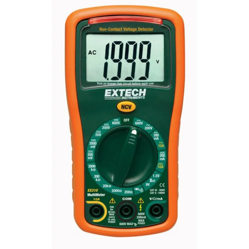 Extech EX310 Manual Ranging MultiMeter and Voltage Detector, 600V/10A