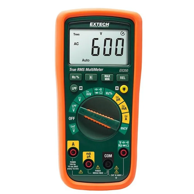 Extech EX350 True-RMS Digital Multimeter, 600VAC/DC, 10AAC/DC w/Non-Contact Voltage Detector