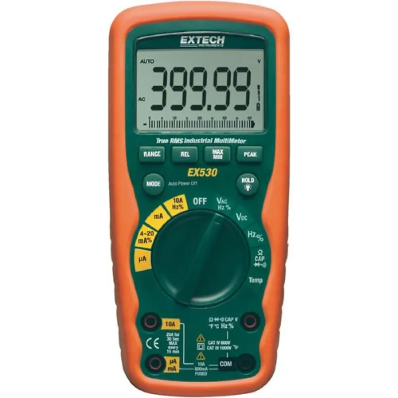 Extech EX530 True-RMS Industrial Digital Multimeter, 1000VAC/DC, 20AAC/DC