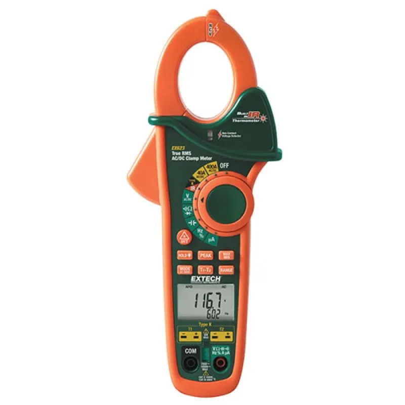 Extech EX623 Dual Input AC/DC Clamp Meter, 600VAC/DC, 400AAC/DC with NCV Detector & IR Therm