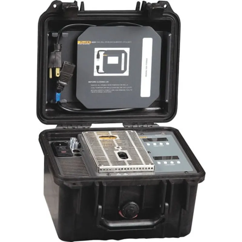 Fluke Calibration Model 9009 Dual-Block Calibrator, Hot: 50 °C to 350 °C (122 °F to 662 °F), Cold: –15 °C to 110 °C (5 °F to 230 °F)