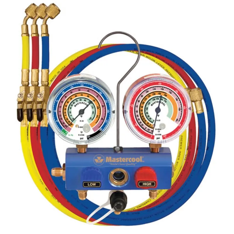 Mastercool 59636 [59636] R410A/R22/R404A 3/8" Ball Valve 2-Way Manifold Set w/ 3-36"(92cm) 1/4" SAE Hoses