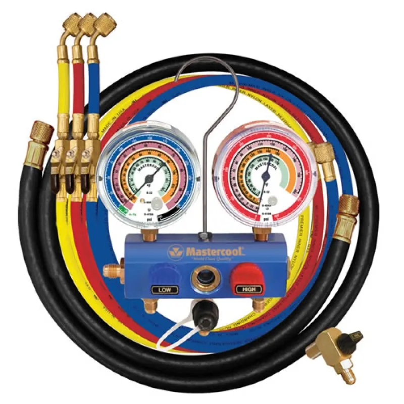 Mastercool 59861 [59861] R410A/R22/R404A 3/8" Ball Valve 2-Way Manifold Set w/ 3-60"(152cm) 1/4" SAE Hoses