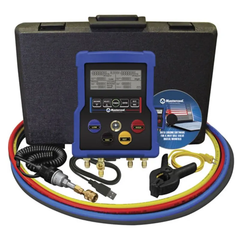 Mastercool 99972 4-Way Digital Manifold w/3-180cm Hoses w/ Ball Valves