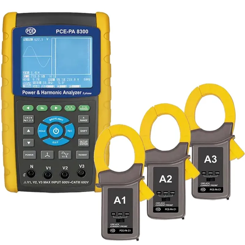 PCE Instruments PCE-PA 8300 [PCE-PA 8300-1] Three-Phase Power Analyzer w/ 3x Current Clamps,  1,200 A (PCE-PA C1)