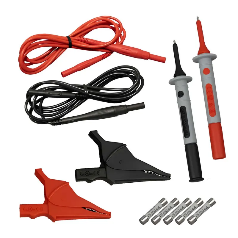 AEMC 2152.28 Set Berisi 2 Kabel Penghubung Berpelindung Sekring (0,63 A) dengan Kode Warna, Panjang 6,5 kaki, dilengkapi Penjepit Buaya dan Probe Penguji yang dapat dipasang dengan Sekrup