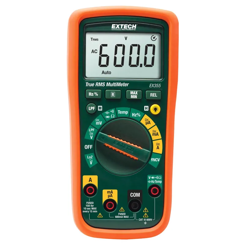 Extech EX355 True-RMS Digital Multimeter, 600VAC/DC, 10AAC/DC w/Non-Contact Voltage Detector